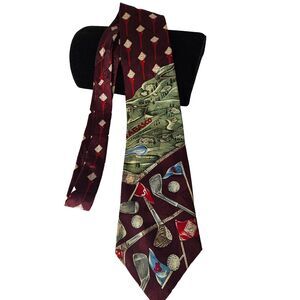 Vintage TABASCO NeckTie with Golf Clubs/Balls Design Maroon 100% Silk